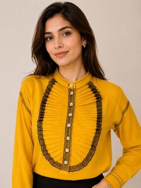 Tory Burch Mustard Ochre Yellow Ruffled Contrast Stitch Cotton Silk Blouse Top